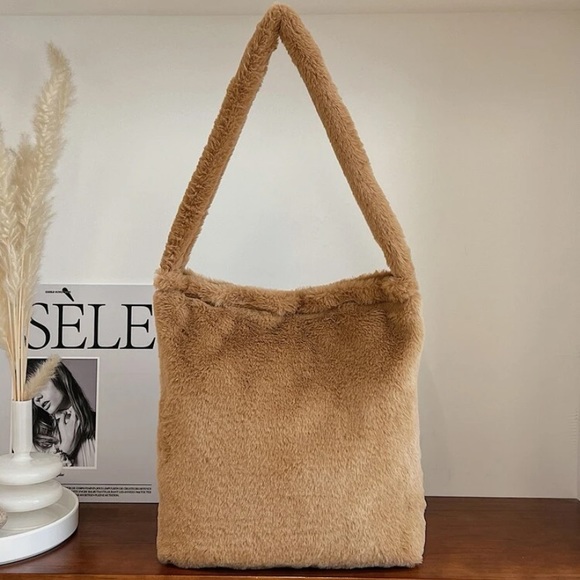 Tan Fuzzy Tote Shoulder Bag - Picture 1 of 6